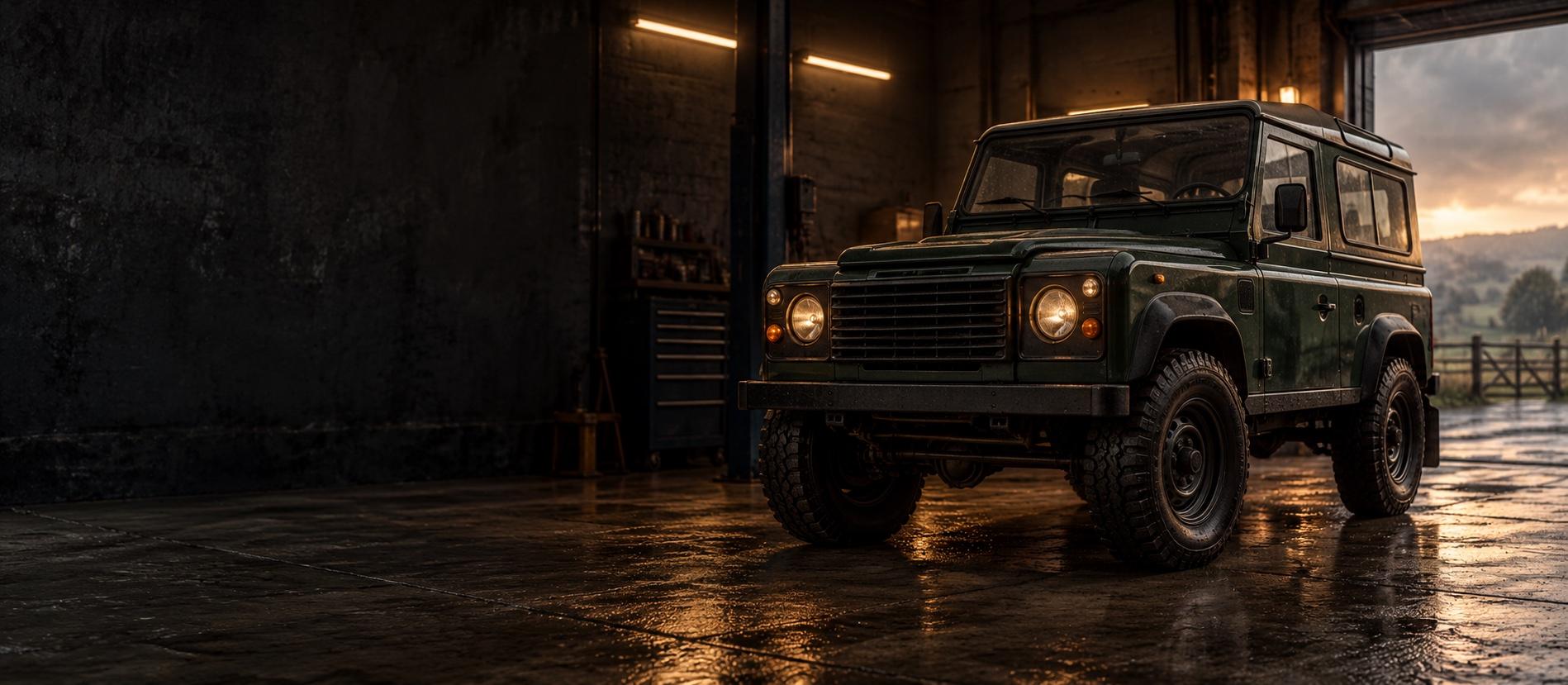 A green 4×4 in an imagined workshop on a wet evening